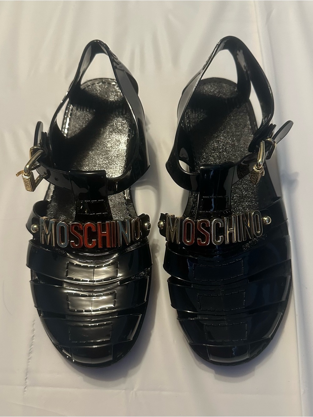 Moschino Black Patent Logo Jelly Sandals